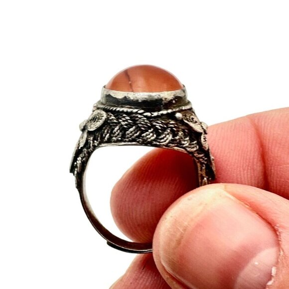 Vintage Chinese Export Carnelian Sterling Silver Filigree Adjust Ring Set at 7 - Picture 3 of 7